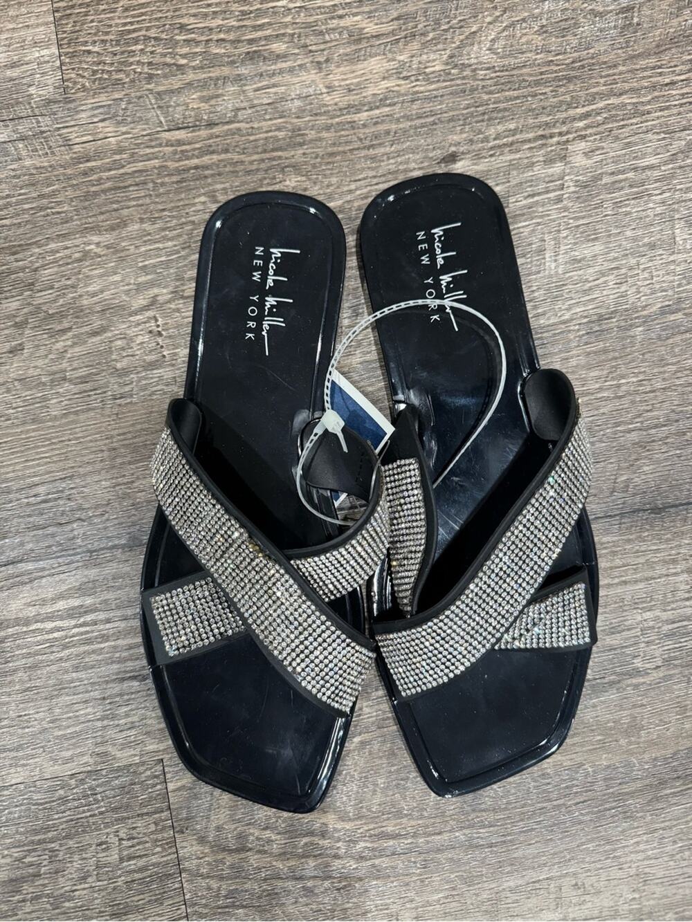 ANNA New York Black Crystal Crossband Slide Sandals